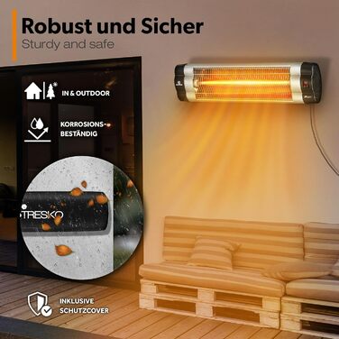 Інфрачервовий обігрівач TRESKO 2500W з пультом дистанційного керування | Тепловий струмінь для тераси, електричний, 3 режими | Тепловий струмінь для тераси, внутрішній та зовнішній | Настінний інфрачервовий обігрівач з LED-дисплеєм, кварцовий (срібний)