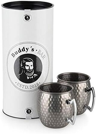 Набір для коктейлів Buddy's Bar Moscow Mule: 2 мідні келихи 500 мл, барна ложка 27 см, мірний стакан 5 cl, чорна преса для лайма, харчова нержавіюча сталь, подарункова упаковка