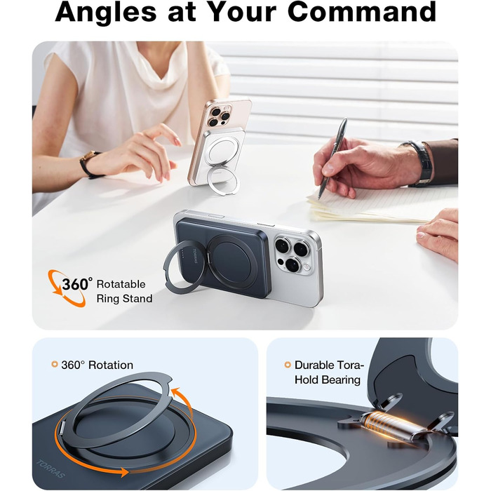 Power Bank TORRAS 5000mAh з MagSafe та кільцем для iPhone 16/15/14/13/12. Бездротовий, USB-C, чорний