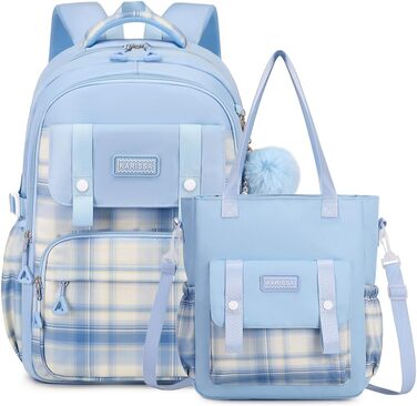 Шкільний рюкзак Tanou для дівчаток-підлітків, великий набір з сумкою через плече, в клітинку, 26L, блакитний