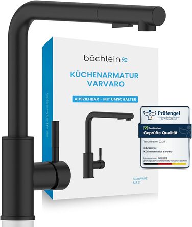 Кухонний змішувач Bächlein Varvaro – поворотний на 360° з висувним шлангом та душем, матовий чорний