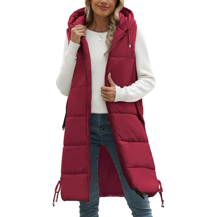Жіноча довга степкова жилетка Vancavoo з капюшоном, червона, XXL