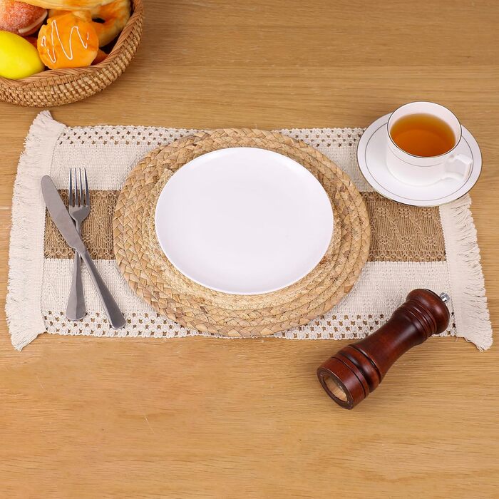 Zology Handcrafted Boho Placemats, Set of 6, Natural Cotton, Burlap & Water Hyacinth, Woven Combination Placemats, Macrame Decor & Farmhouse Style, Placemats for Dining Table, Kitchen