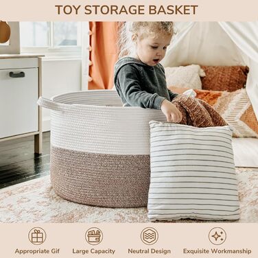TIMEYARD XXL Large Laundry Basket, Storage Basket, Children's Room Storage Basket, Children's Laundry Basket, Large Christmas Tree Basket, Basket for Blankets, 55x35cm, White and Brown