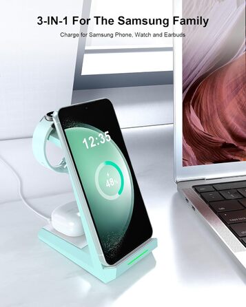 Зарядний пристрій NANAMI 3-в-1 для Samsung Galaxy Watch, Buds та смартфонів S25, S24, S23 Ultra, Z Flip, Z Fold (зелений)