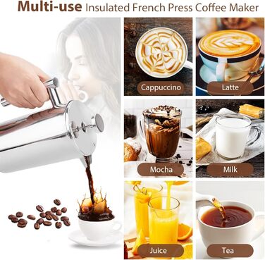 Make a French press coffee machine, 21oz stainless steel French press with a 3-level filtration system, double-walled insulated French press with 3 filters and 1 metal spoon, black