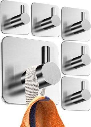 Набір гачків для рушників 4smile, 6 шт., сріблясті - без свердління, з нержавіючої сталі, для ванної кімнати