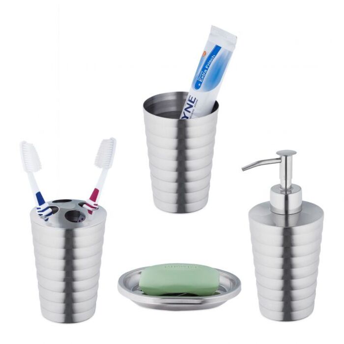 Relaxdays 4-Piece Bathroom Set, Polished Stainless Steel