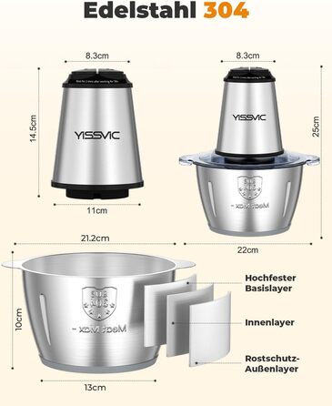 Електричний подрібнювач YISSVIC для кухні 500W, 2л, нержавіюча сталь, 8 лез, 2 швидкості для овочів, фруктів, м'яса