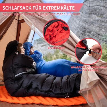 Спальний мішок пуховий, 4-сезонний, зимовий -3°C до -20°C. Підходить для кемпінгу, піших прогулянок та відпочинку на природі для дорослих та дітей. Чорний, температурний режим -3°C до -12°C