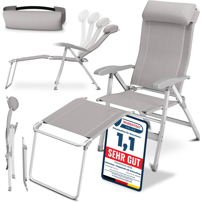 ELONEO Folding Camping Chair with Removable Footrest, Folding Chair Made of Aluminum, Folding Garden Chair, Reclining Chair with Adjustable Backrest, Taupe Camping Chair with Footrest (Basic) Taupe