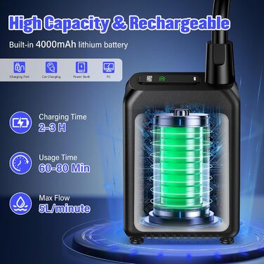 Акумуляторний портативний душ для кемпінгу RSAOTY 4000 mAh з насосом та шлангом, водонепроникний IPX8