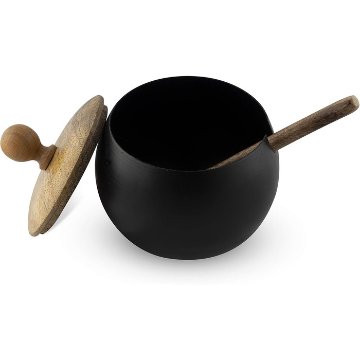 ГоCraft цукорниця з дерев'яною кришкою та ложкою для дому та кухні, у формі барабана (матове чорне покриття)