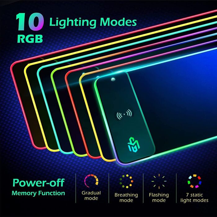 Ігрова підставка під мишу GIM з бездротовим зарядним пристроєм 10W, RGB підсвітка (10 режимів), протиковзаюча гумова основа, товщина 4мм для iPhone та Samsung Galaxy