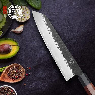 Японський ніж MITSUMOTO SAKARI Santoku 19 см з ручкою з рожевого дерева та Kiritsuke 23 см, ручне кованість, високоякісна сталь
