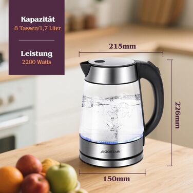 Електричний чайник Aigostar 1.7л, 2200W, LED, без BPA, скло Borosilikat, фільтр від накипу, чорний (Chubby)