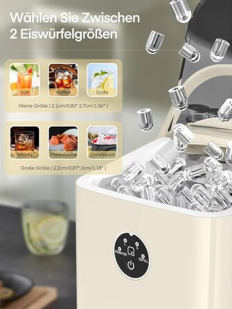Машина для приготування льоду FOHERE 14 кг/24 год, 8 кубиків за 6 хв, 2 розміри кубиків, самоочищення, з ручкою, лопаткою та кошиком, для вечірок, офісу, кемпінгу (Off-white)