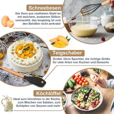 Набір кухонних аксесуарів Homikit 9 шт. з чорного силікону та дерев'яними ручками