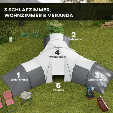 Намет Outsunny Tunnelzelt Campingzelt для 6-9 осіб з 3 спальнями, вітальнею та верандою, водовідштовхування 2000 мм, сірий