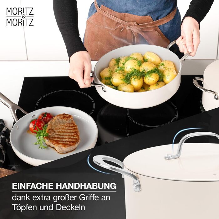 Moritz & Moritz 7-Piece Aluminum Cookware Set with Lids, Induction Compatible, including 2x Sauce Pots with Lids, 1x Serving Pan with Lid, and 1x Induction Frying Pan. Induction Cookware Set for all Cooktops, Cream color.