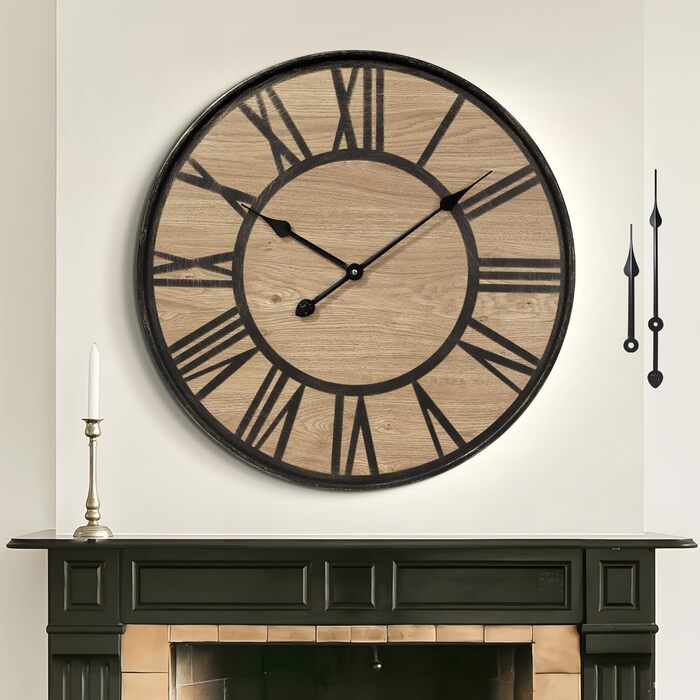 Large Wall Clock Without Ticking, 50 cm / Silent Wood Vintage Wall Clock Retro Battery Powered Modern For Living Room Bedroom, Kitchen, Farmhouse, Office Decoration (14 inch, Antique Bronze Metal - Roman Numerals)