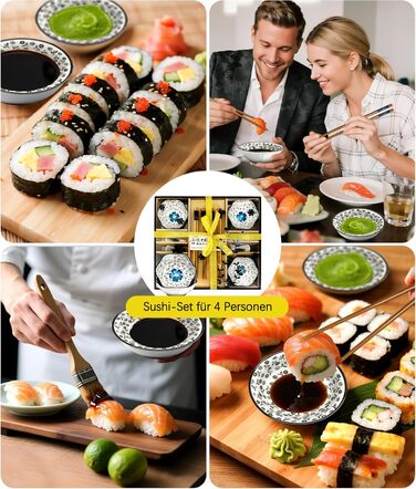 Набір для суші на 4 особи, 12 шт. з кераміки, круглий, з візерунком квітки сливи. Ідеальний подарунок на свята.