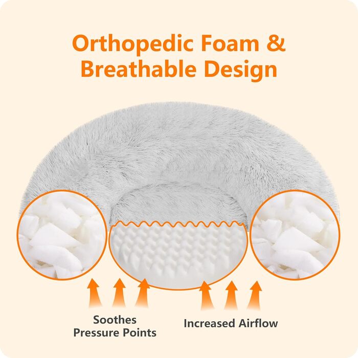 Ортопедичне ліжко для собак круглої форми, м'яке ліжко-лежанка для собак та котів, ліжко-софа Donut, зручний кошик для собак, можна прати, діаметр 70 см, сірий колір, розмір 70 x 70 x 20 см