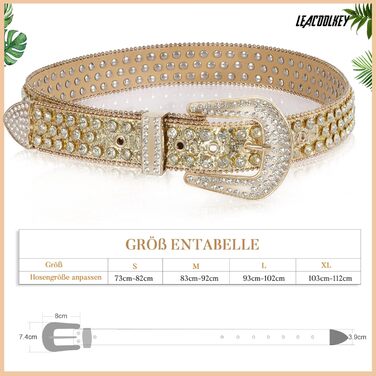 LEACOOLKEY Ремінь зі стразами для чоловіків та жінок, блискучий вестерн кантрі ковбойський ремінь з пряжкою золотого кольору, для джинсів, штанів, суконь. Розмір S: 73-82 см (загальна довжина 105 см)