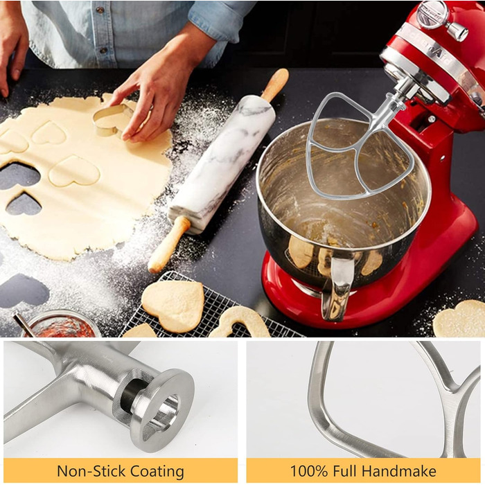 Плоска насадка-збивач з нержавіючої сталі для міксера KitchenAid 4.5-5 л з відкидною головкою і підйомною чашею, для тіста, випічки, макаронів, можна мити в посудомийній машині
