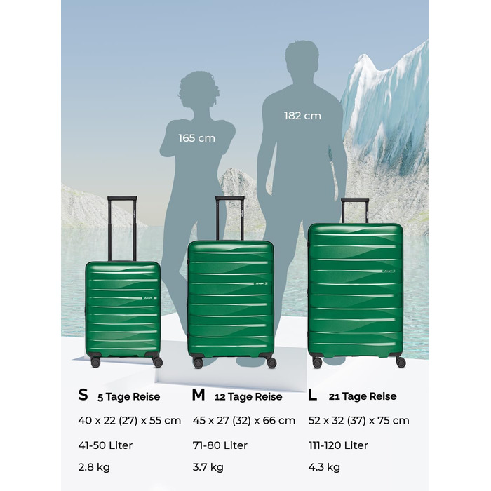Чемодан середній з жорстким корпусом, розширюваний, 45 x 27 x 66 см, з подвійними колесами та TSA-замком, 3.7 кг, з високоякісного поліпропілену, унісекс, Emerald Green Metallic