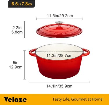 Чавунний казан Velaze 29 см, 6.5 л з кришкою, емальований, для випікання хліба та готування, підходить для всіх типів плит
