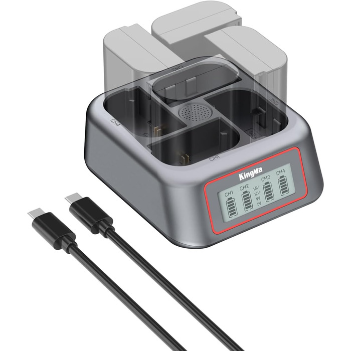 Зарядний пристрій King Ma для акумуляторів камер, 4-канальний, 45W PD, LED-дисплей, сумісний з Sony A7III/A7IV/A7RIII/A7RV/A7C/A7CII/A6700/A9/A9III/A1/ZV-E1/FX3/FX30