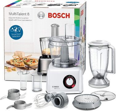 Bosch Compact Kitchen Machine MultiTalent 8 MC812W501, XXL Mixing Bowl 3.9 L, Mixer 1.5 L, Universal Knife, Grater Disc, Slicing/Shredding Combination Disc, Potato Pancake Disc, 1000 W, white
