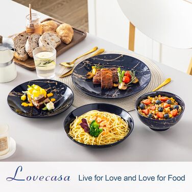 Набір посуду Lovelcasa Sweet Daphne, 32 елементи, порцеляновий сервіз з золотим декором для 8 осіб (темно-синій)