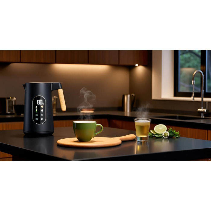 Електричний чайник з регулюванням температури 1.7л, 2200W, чорний, з дерев'яною обробкою