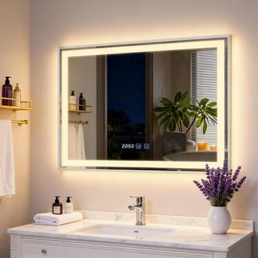 Дзеркало для ванної кімнати YU YUSING з підсвічуванням 60x80 см, протизапітніння, 3 кольори світла, регулювання яскравості, LED, годинник, IP44, металевий каркас, вертикальне, срібне