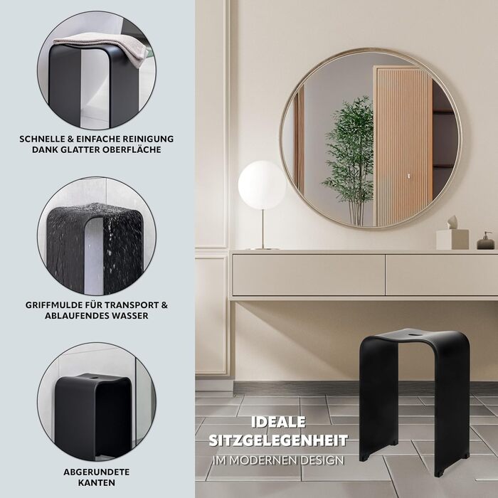 Bremermann Bath Stool, Acrylic Shower Stool, approx. 33 x 27.5 x 48 cm (W/D/H), with handle recess, ergonomically shaped, maximum load capacity 130 kg (matte black)
