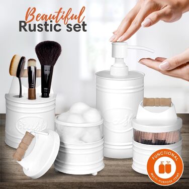 Autumn Alley Rustikales Bathroom Accessories Set 4 – Black Soap Dispenser, Rustic Toothbrush Holder, 2 Apothecary Jars Qtip Holder – Rustic Bathroom Decor – Farmhouse Bathroom Accessories (White/Opulent Garden)