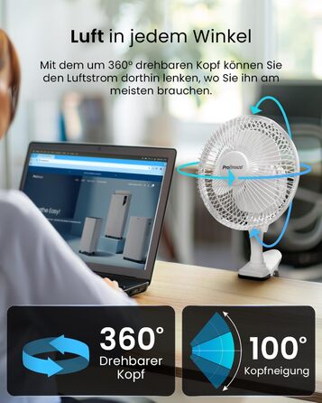 Mini вентилятор Pro Breeze з кліпсою, 20 см, 2 швидкості, тихий, для столу, офісу, кімнати, росту рослин, білий