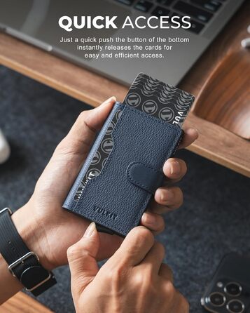Чоловіче картхолдер VULKIT з RFID блокуванням, з металу, на 3 картки та віконцем для посвідчення, компактний гаманець, шкіряний, з магнітною застібкою, бордовий (справжня шкіра Litchi Navy)