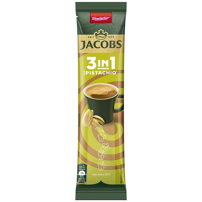 Кава розчинна 3в1 Jacobs Instant Kaffee Sticks з цукром та вершками, смак Фісташка, 120 стіків (1.33 кг)