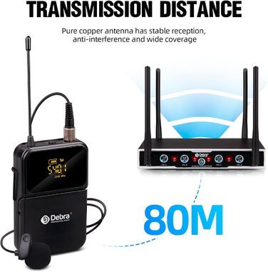 Debra 4-канальний UHF мікрофонний комплект з 16 частотами | Дальність дії 80м, 4x Bodypack + мікрофон-гарнітура/петличка | Професійний звук для співу, караоке та конференцій