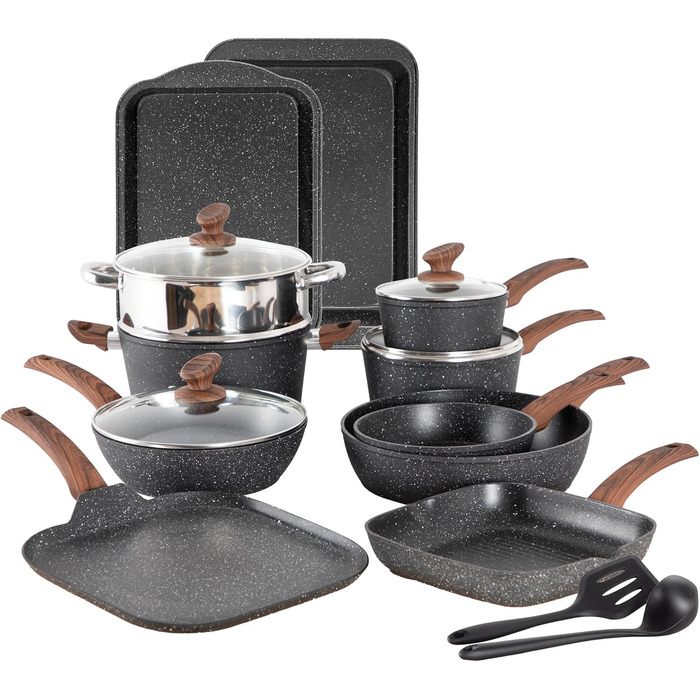 Kitchen Academy 17-Piece Induction Cookware Set with Glass Lids and Granite Coating, including Frying Pans and Pots (Black, 17-Piece)