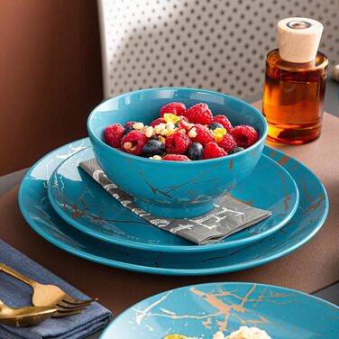 LOVECASA Сервіз столовий порцеляновий, Sweet 16-Piece Комбінований набір, 48-Piece Сервіз, дизайн з золотим напиленням, для 4-12 осіб, колір Aqua-fr-blue