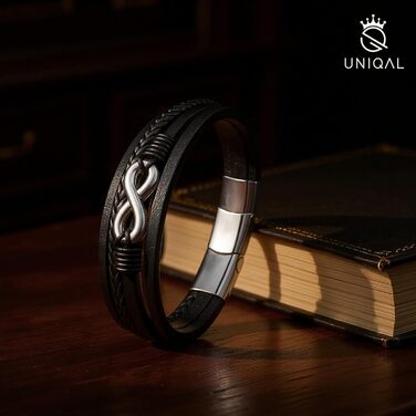 Браслет шкіряний UNIQAL 'ETERNAL' - нескінченність, срібний, 19 см, з магнітним застібкою, в подарунковій коробці
