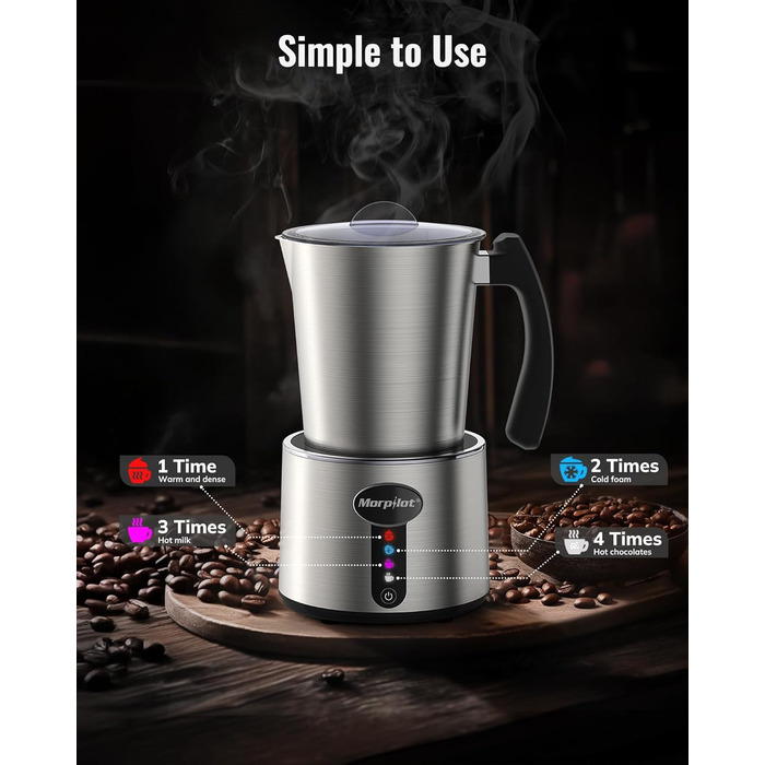 Електричний піноутворювач для молока Morpilot, 500 мл, 650 Вт, нержавіюча сталь, миється в посудомийній машині, для гарячого та холодного молока, шоколаду, антипригарне покриття