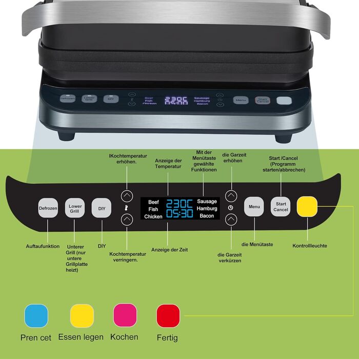 Contact Grill, Sandwich Maker, Waffle Iron 180° Double-Sided Optigrill Indoor Electric Grill | 6 automatic programs | Intuitive sensor | Touch display, 2000 W, Grill with 4 removable plates (BCG02D)