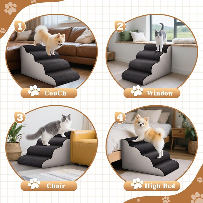 Сходинки для тварин JUOIFIP на 4 сходинки, для маленьких собак, з щільним губчатим матеріалом, неслизькі чорно-сірі сходинки для собак та котів