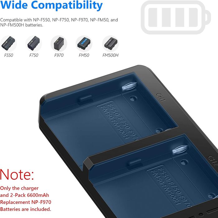 Зарядний пристрій NEEWER Dual USB з 2 акумуляторами 6600mAh NP-F970 та швидкою зарядкою для Sony NP-F970/F960/F950/F770/F750/F570/F550, Handycam, LED-ліхтарі, моторизовані слайдери NW-F970 DQ-F970