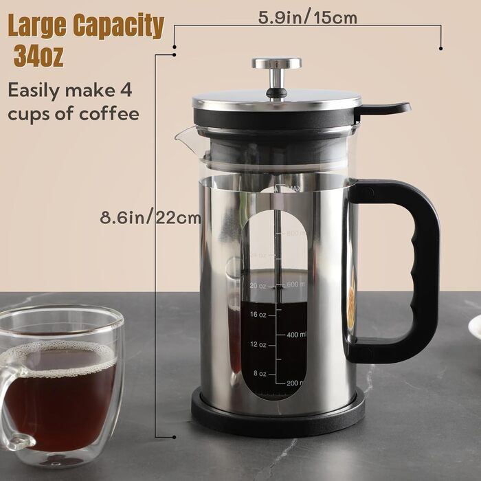 Френч-прес для кави, 1 л, скло Borosilikat, нержавіюча сталь, з багаторазовими фільтрами, портативна кавоварка для кухні, подорожей, кемпінгу